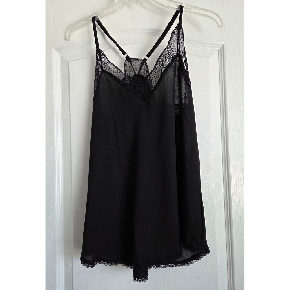 Black Lace Trim Racer Back Cami Top Size S Sleeveless Layer Goth Dark Romantic